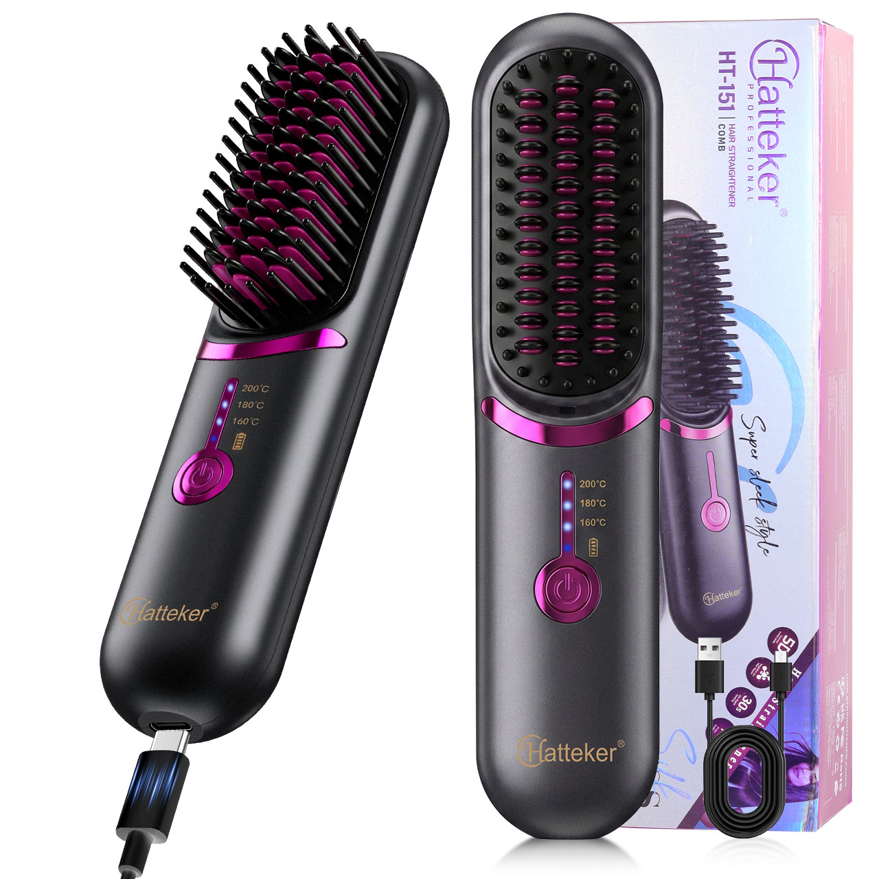 Hair Straightener - Беспроводная портативная расческа-выпрямитель Hatteker для путешествий